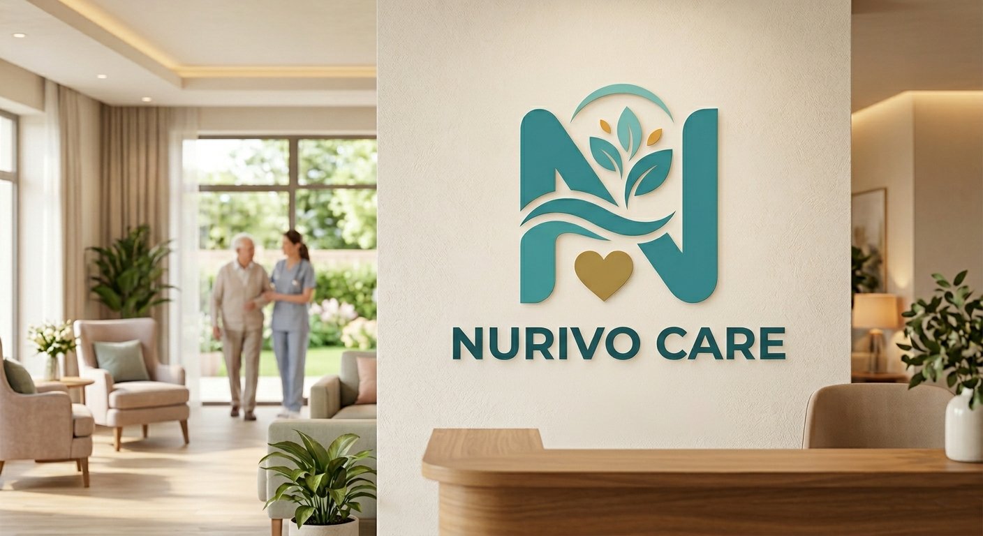 A carer walking with a resident through a Nurivo Care branded reception