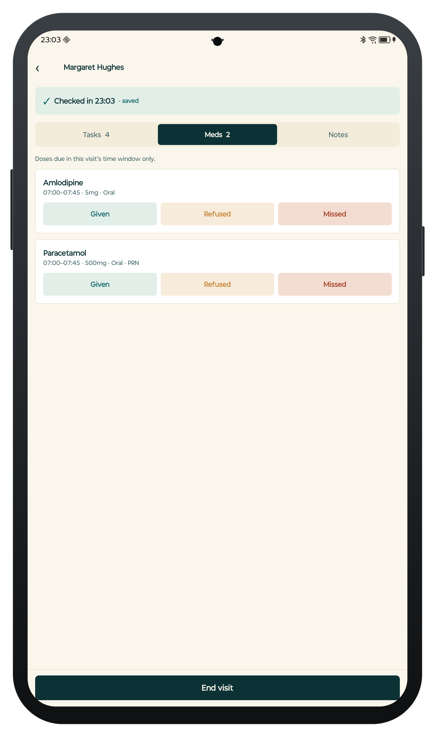 CarePilot carer app — medications tab with Amlodipine and Paracetamol and Given, Refused and Missed actions