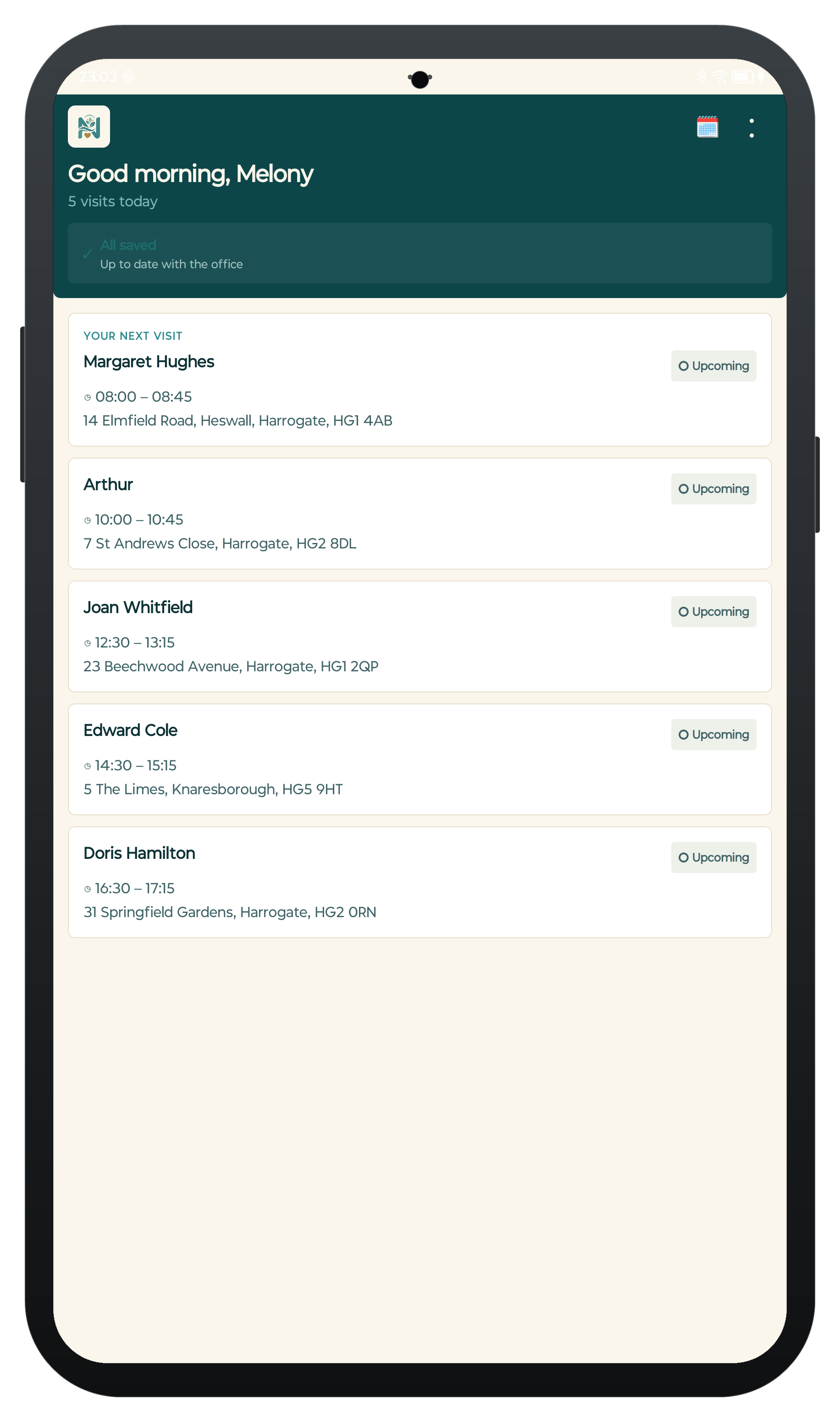 CarePilot carer app — today's visit list, five visits with times and addresses
