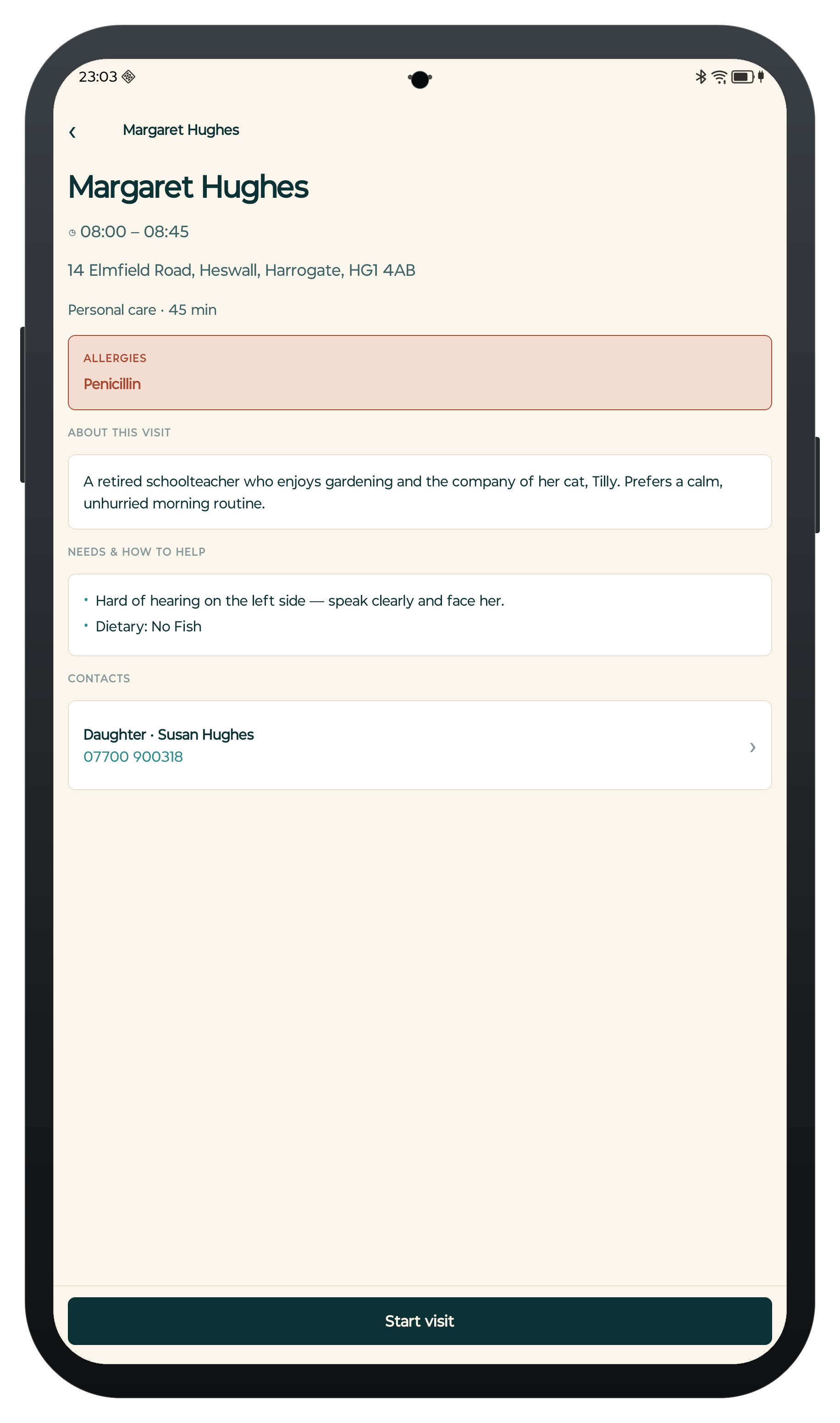 CarePilot carer app — Margaret Hughes visit showing allergies, visit notes, contacts and a Start visit button